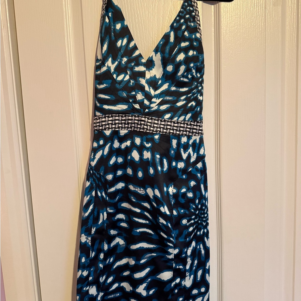 Roberto Cavelli Women's Blue Patterned V-Neck Dress